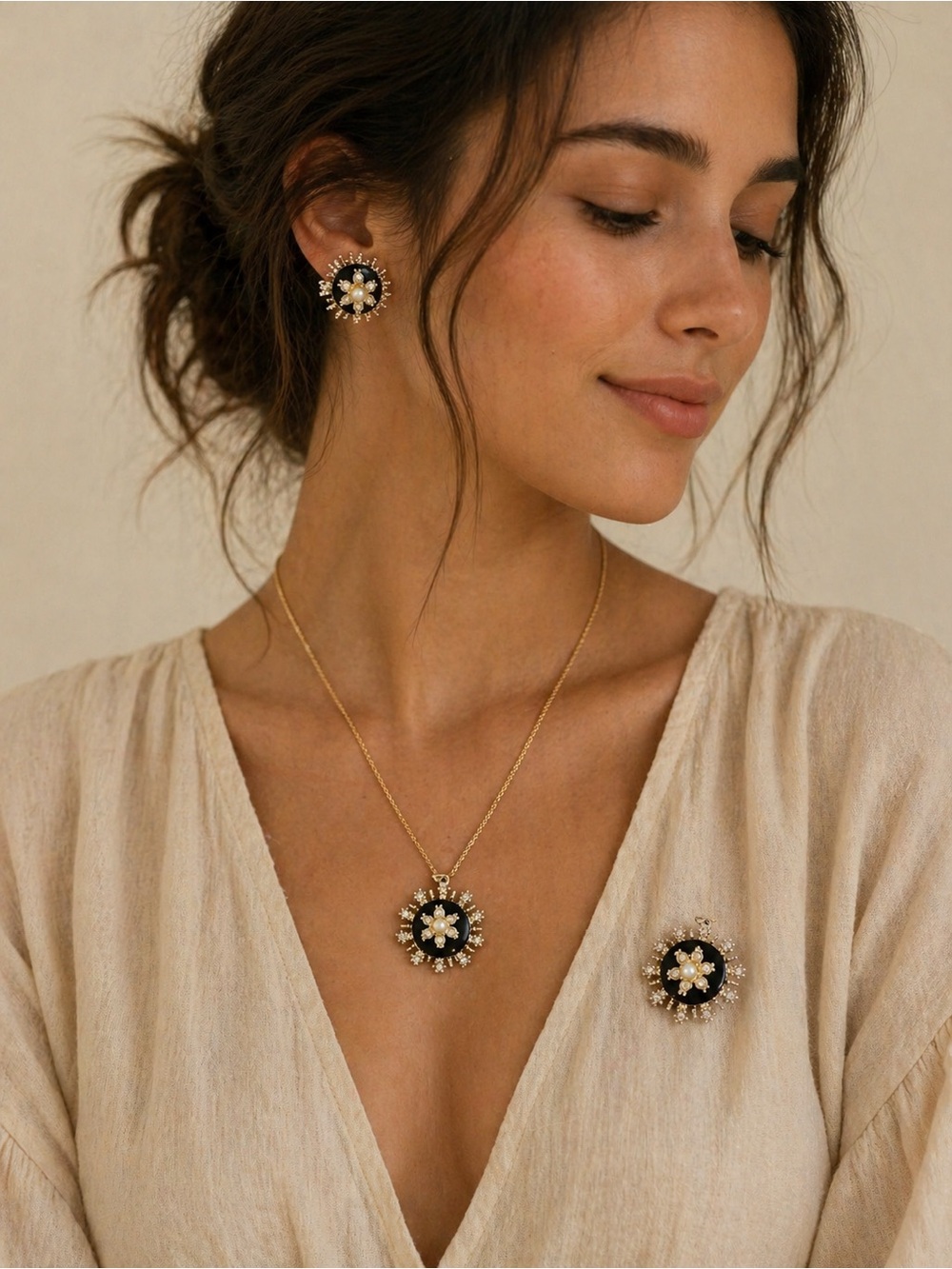 Vintage Classic Black and Gold Floral Necklace pendant, brooch and Earrings Set